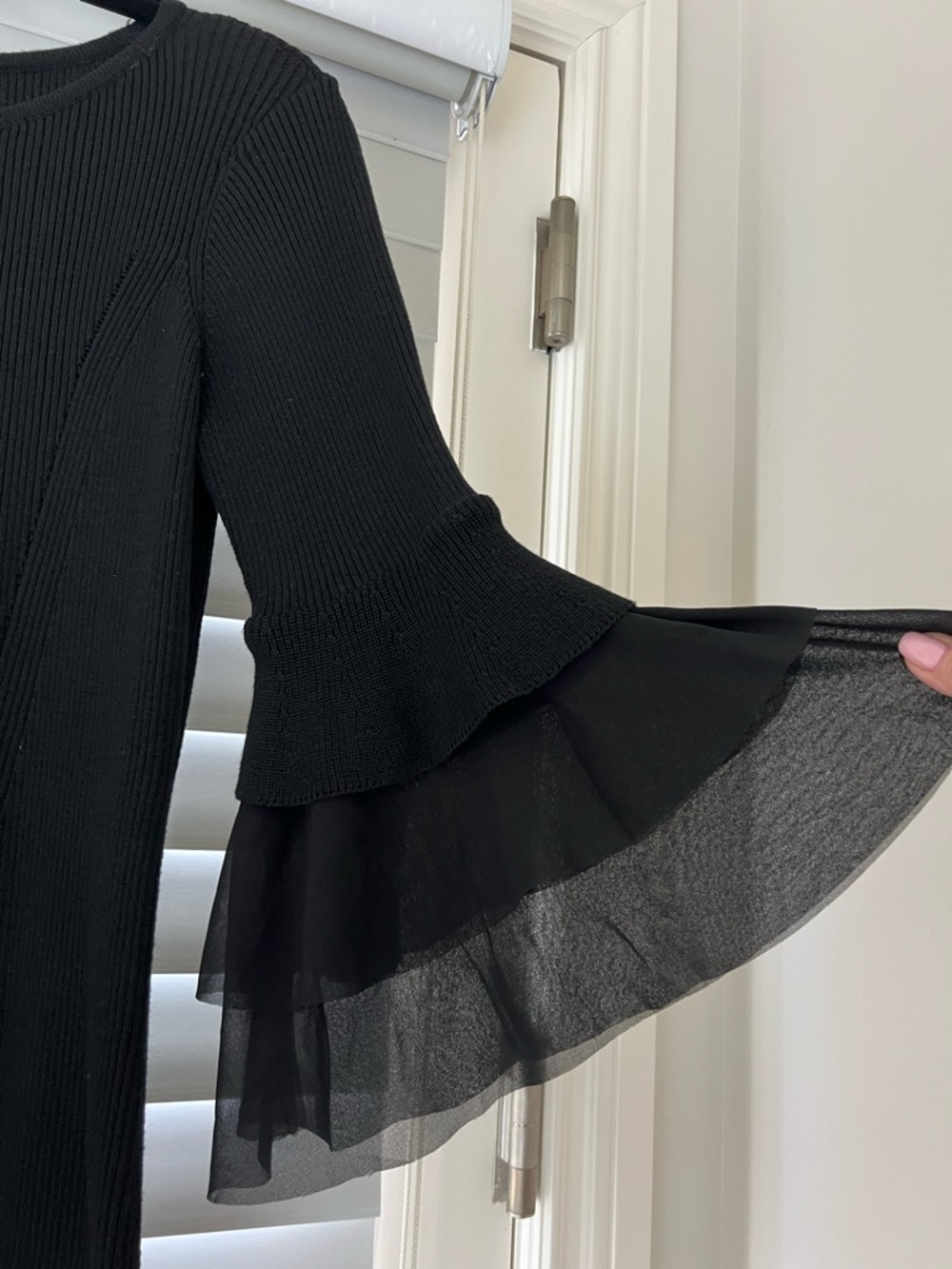 Design History Black Ribbed Knit Dress with Tiered Ruffle Sleeves - Picture 3 of 5